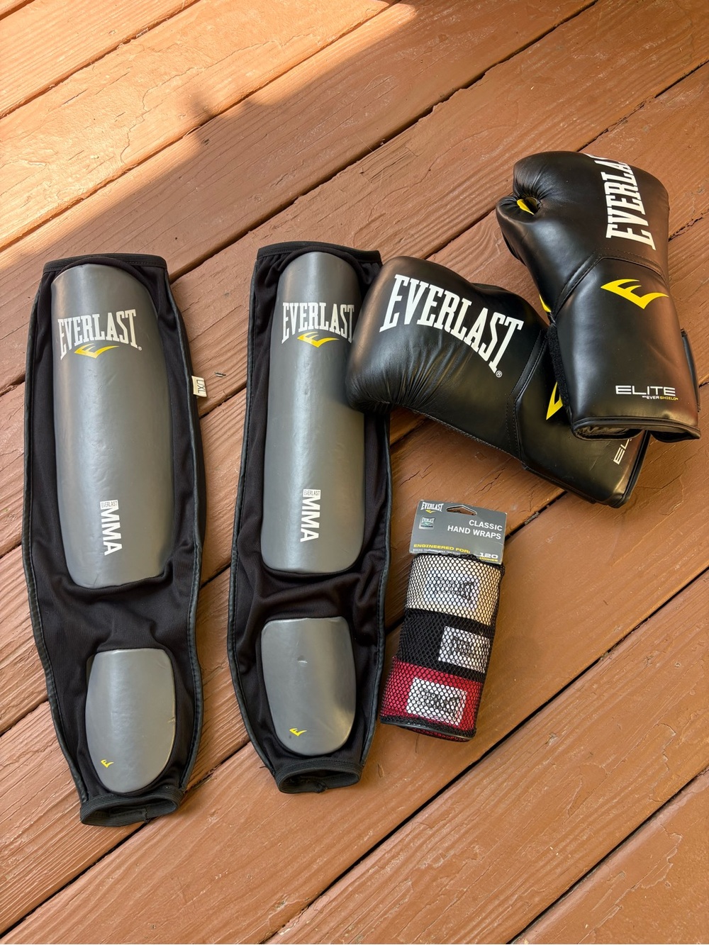 Everlast Black and Gray Boxing Gloves, Shin Guards & Hand Wraps